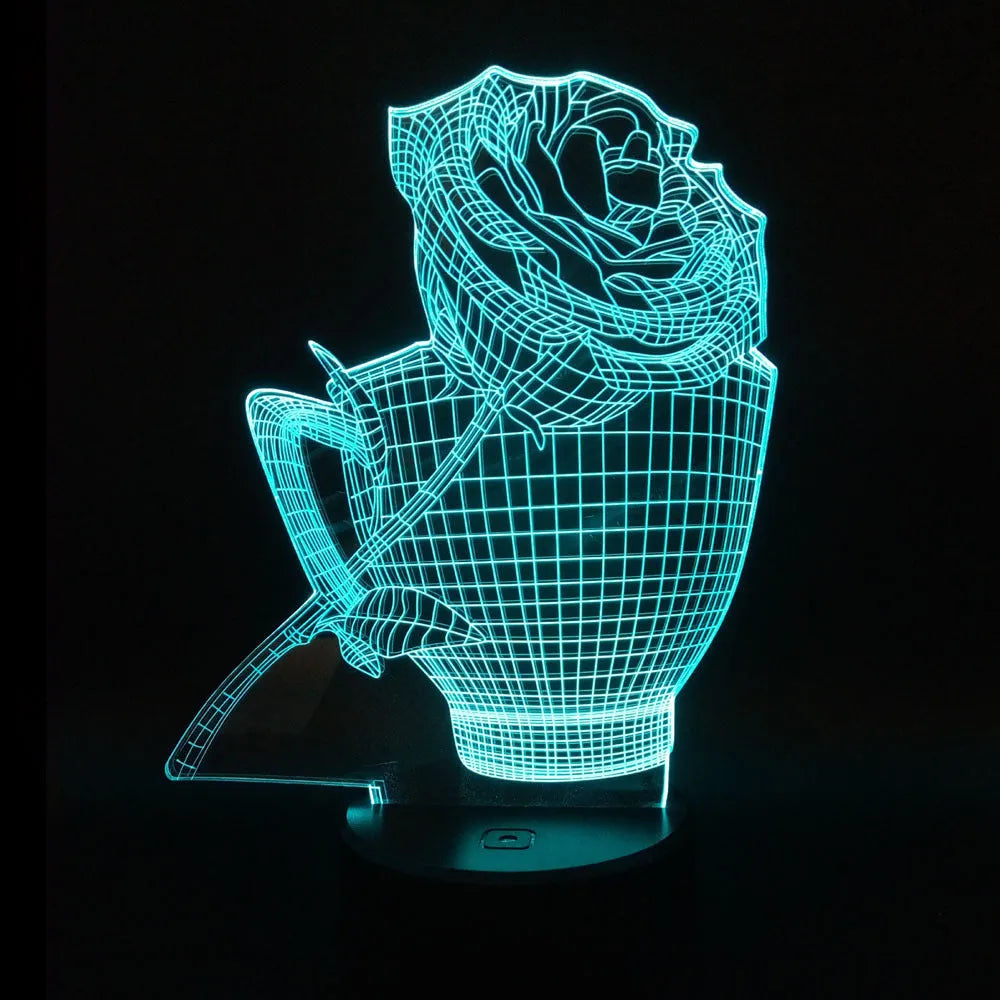 3D rose flower design night light showing colour-changing LEDs on acrylic panel with black ABS base.