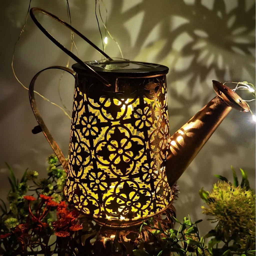 Solar butterfly kettle courtyard light with wrought iron construction measuring 210mm tall