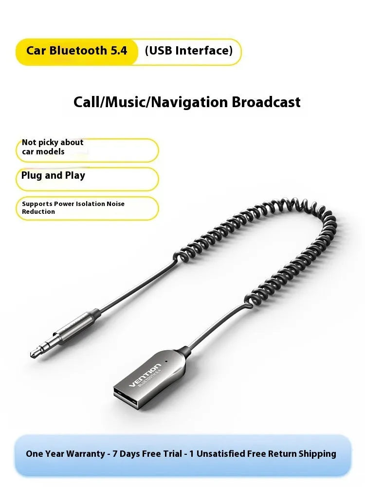 USB car Bluetooth sound receiver with zinc alloy USB connector and 3.5mm audio plug connected by PU-sheathed cable