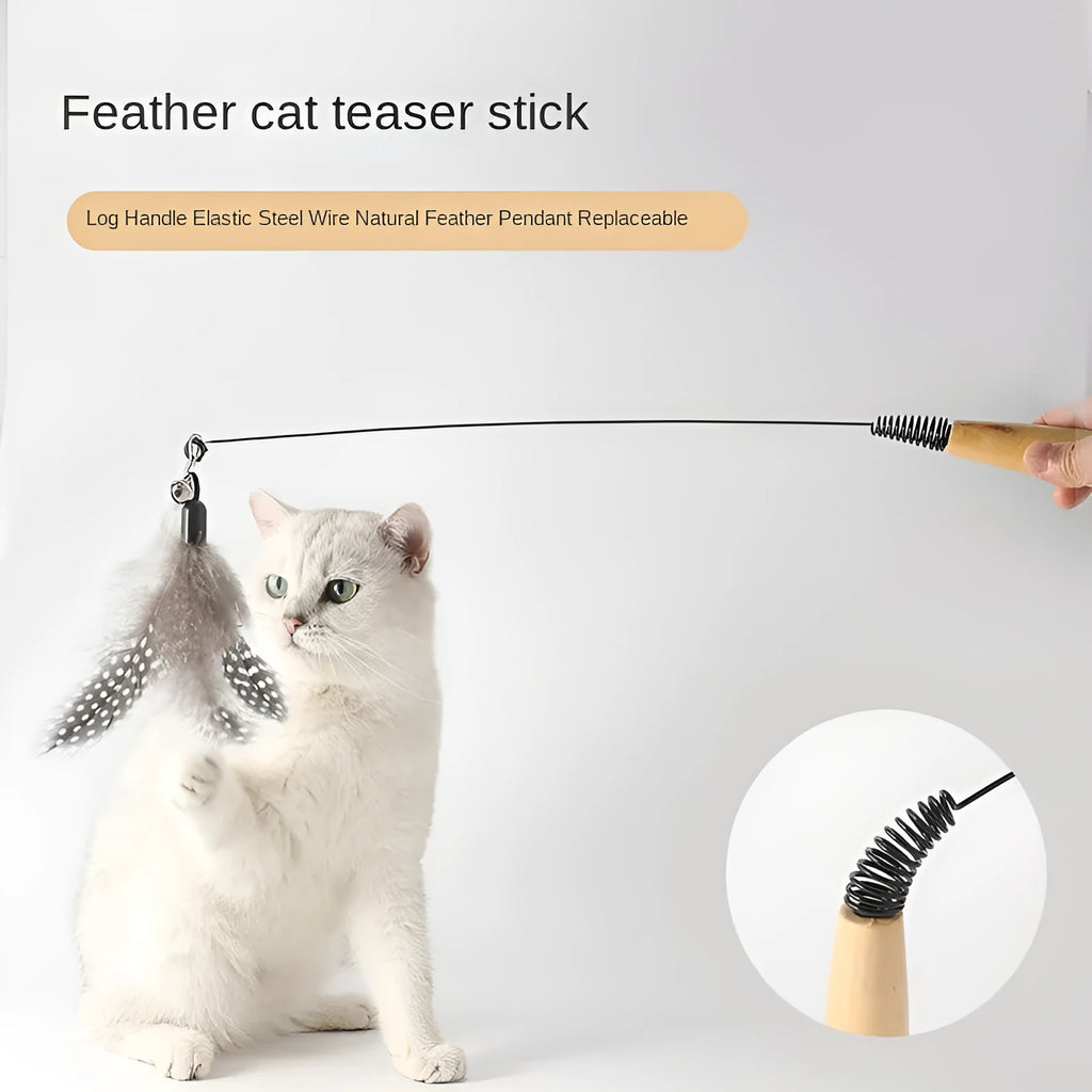 Close-up of a feather and bell replacement head for a spring cat teasing stick toy.