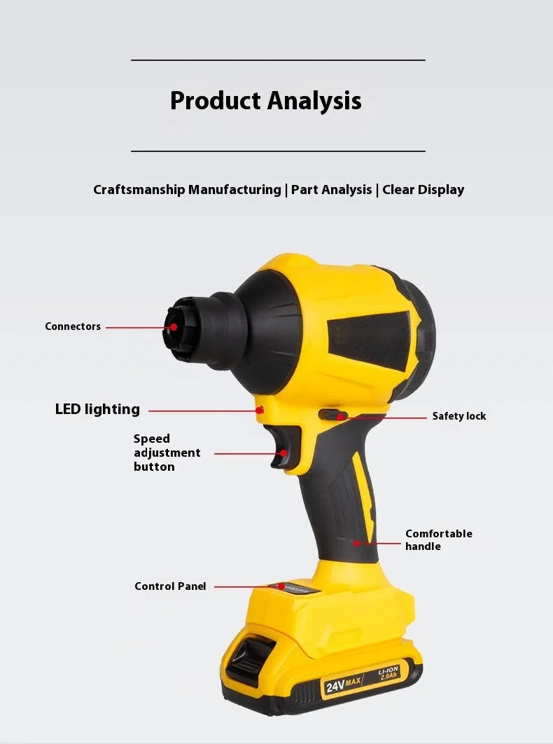 Yellow handheld lithium battery dust blower and pump gun for office and household cleaning