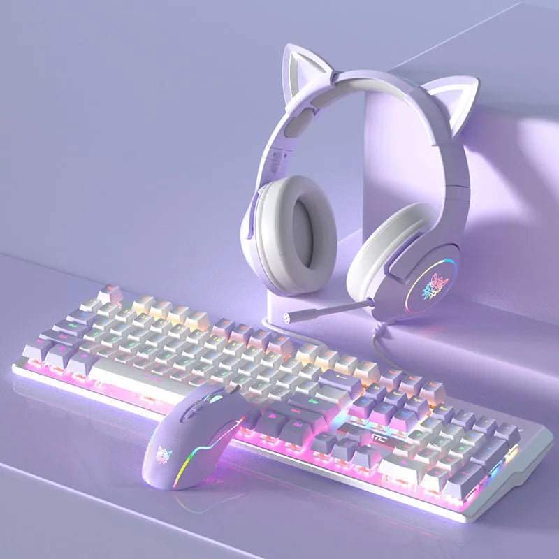 White and purple wired mechanical keyboard and mouse combo set with backlight illumination