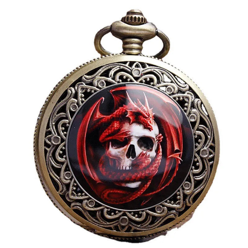 Classical retro bronze skull ceramic pocket watch with 4.7cm case and 37.5cm chain