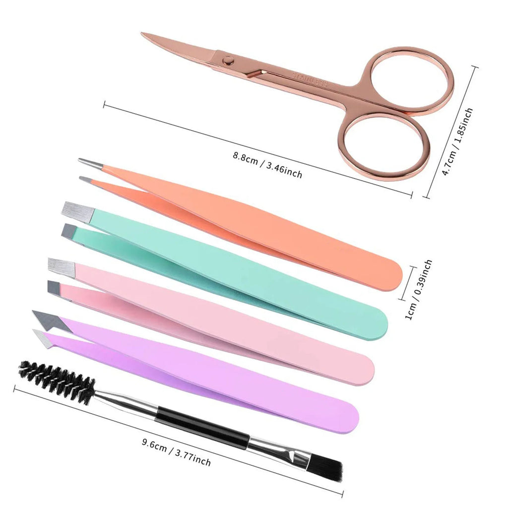 Professional eyebrow tweezers set with four stainless steel tweezers, curved scissors, brush, and leather case.