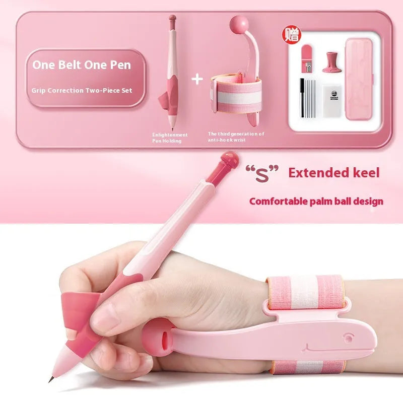 Blue and pink anti-hook wrist brace pen grip corrector for children's handwriting, made from white ABS nylon.