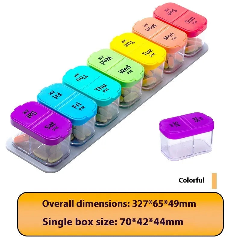 White and rainbow coloured portable pill box dispenser with 14 removable compartments shown open.