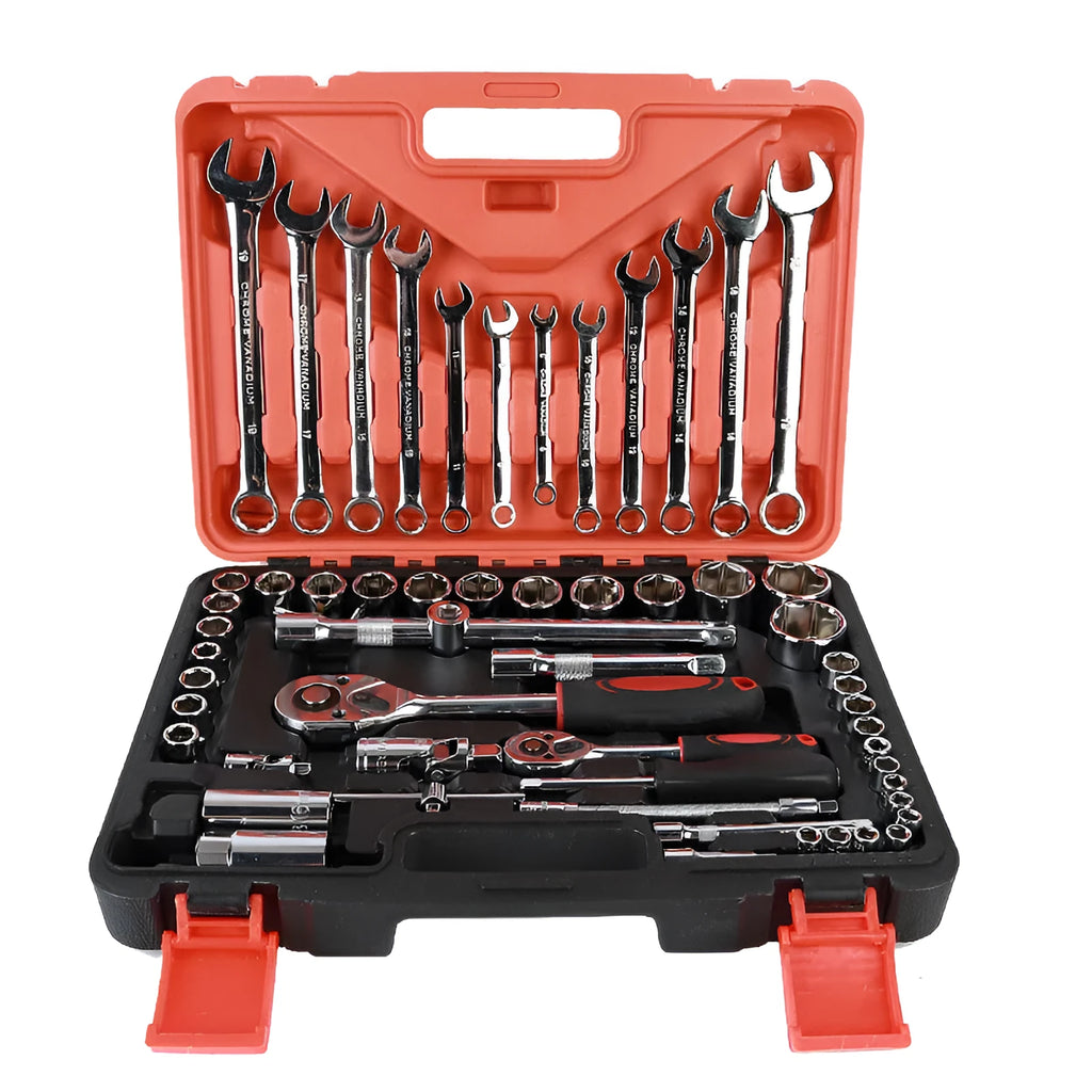 61-piece chrome vanadium steel auto repair socket and wrench tool set in a box.