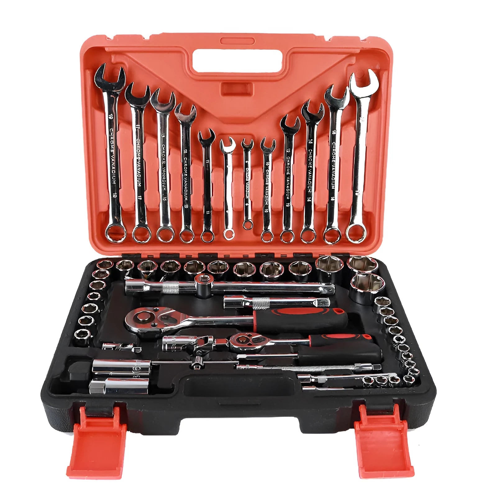 61-piece chrome vanadium steel auto repair socket and wrench tool set in a box.