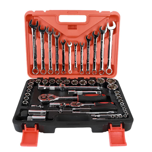 61-piece chrome vanadium steel auto repair socket and wrench tool set in a box.