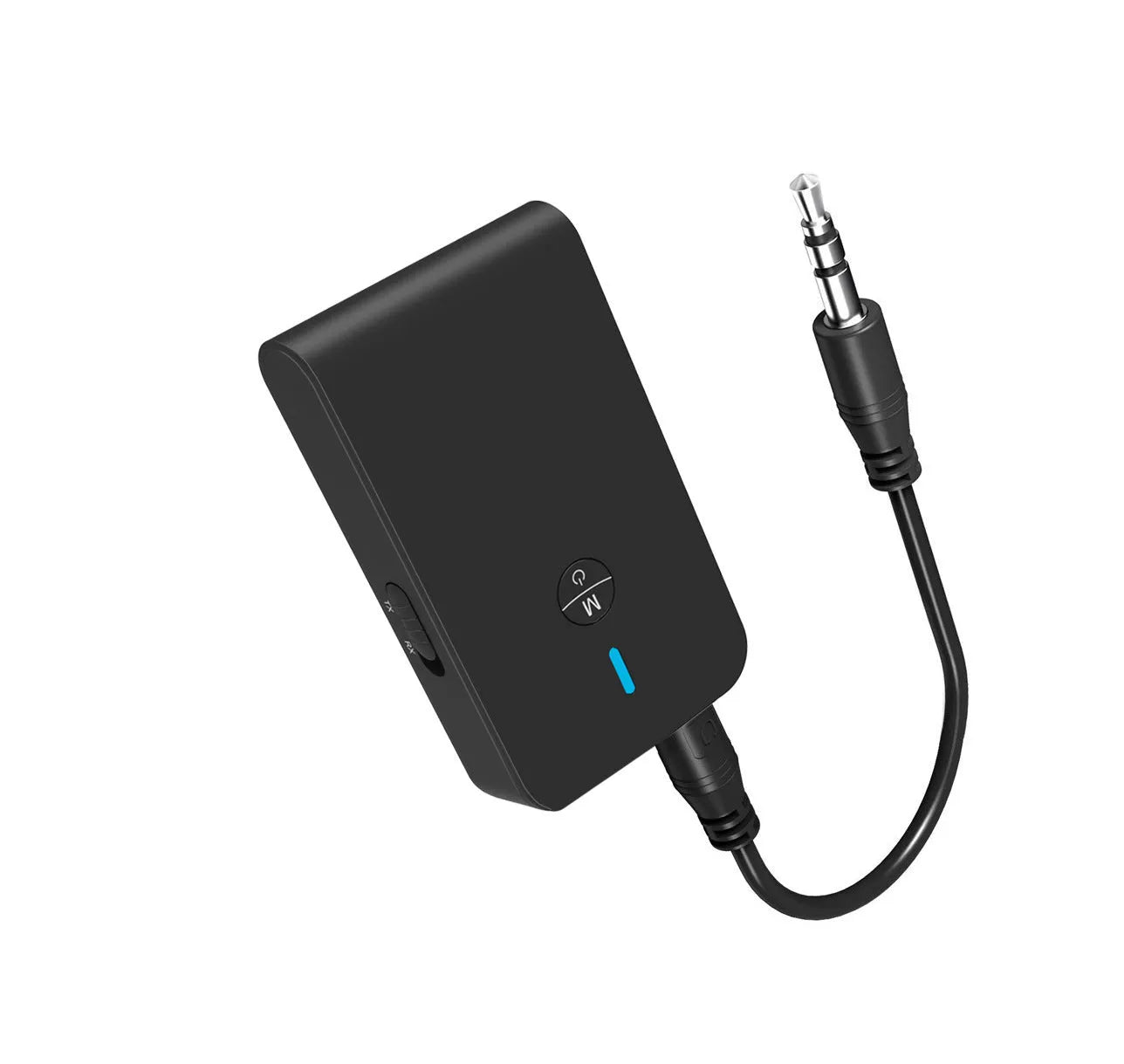 Black Bluetooth 5.0 audio adapter with 3.5mm AUX plug and external power supply cable.