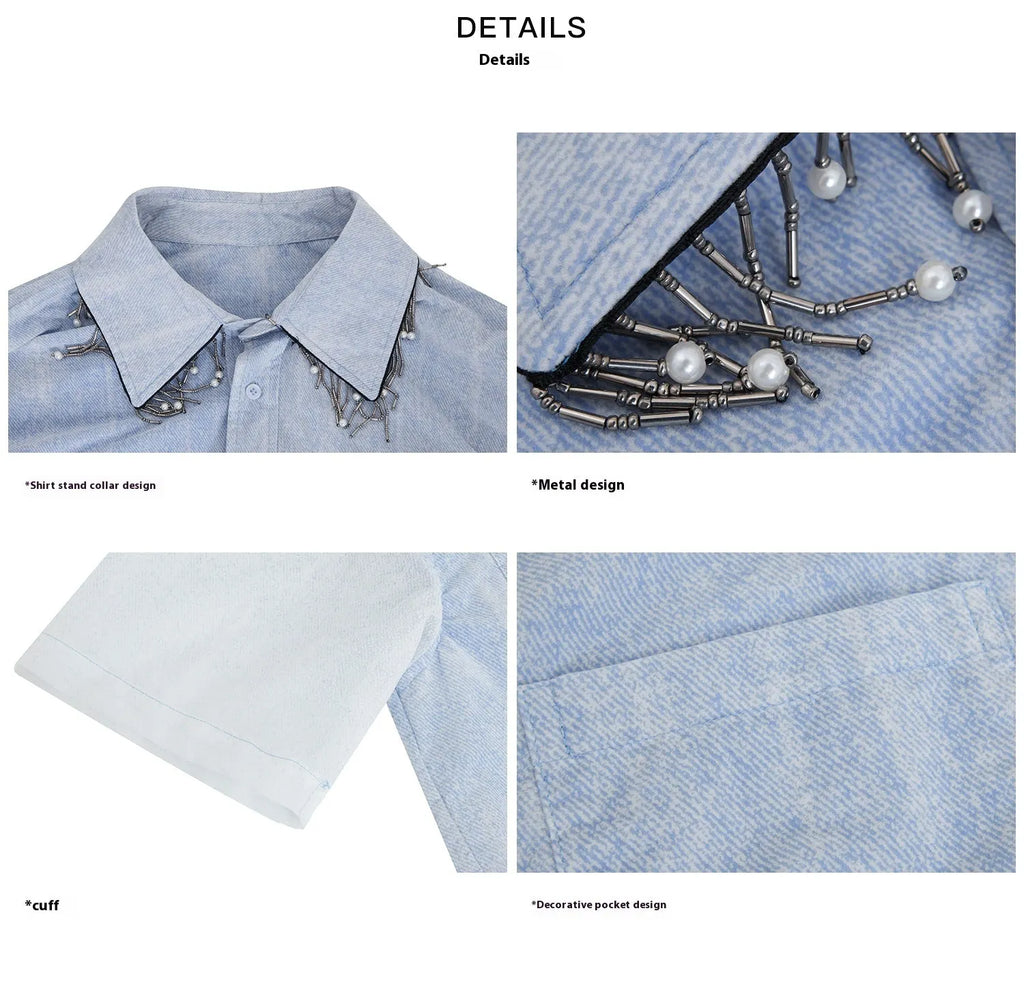 Men's loose blue and white gradient short sleeve shirt with quilted detail.