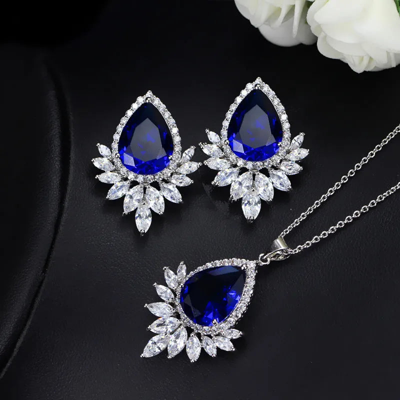 AAA jewellery chain bridal banquet set with matching necklace and earrings in blue, red or white options
