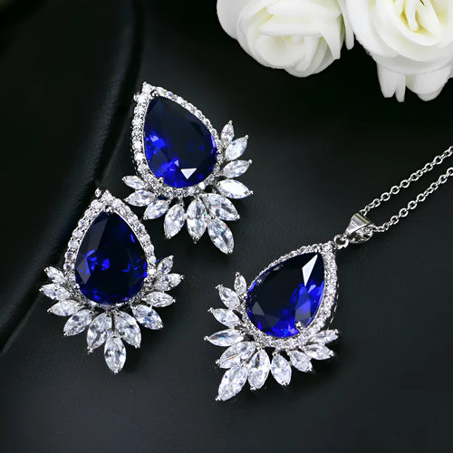 AAA jewellery chain bridal banquet set with matching necklace and earrings in blue, red or white options