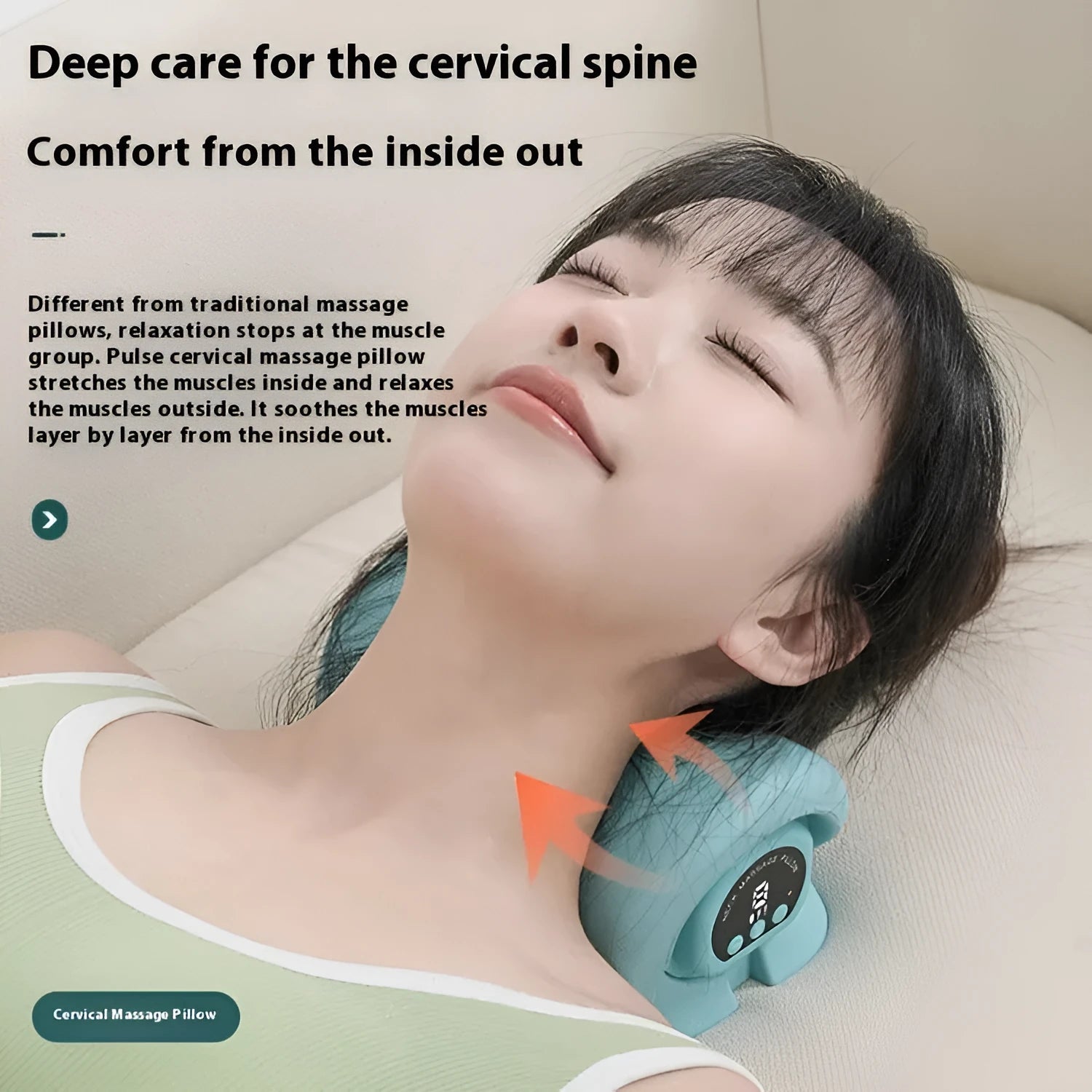 Blue-green cervical spine massage pillow showing EMS technology and hot compress function