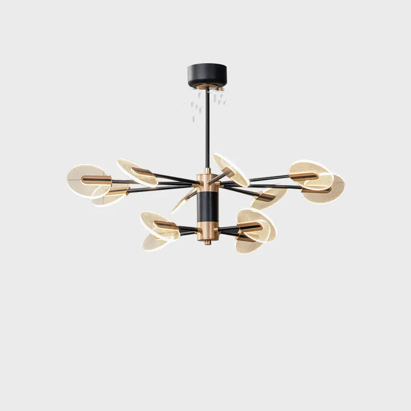 Nordic style iron frame LED chandelier with multiple acrylic shades, shown in a dining room setting.