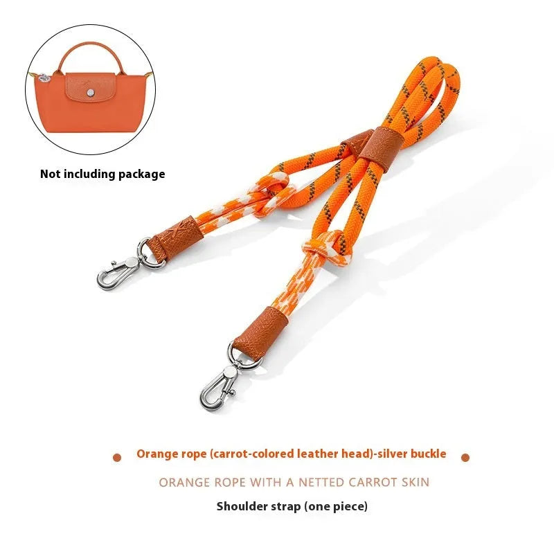Braided nylon rope shoulder strap with cowhide leather accents and an alloy buckle.