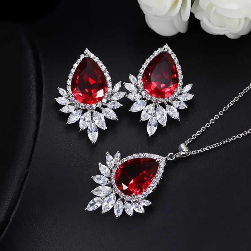 AAA jewellery chain bridal banquet set with matching necklace and earrings in blue, red or white options
