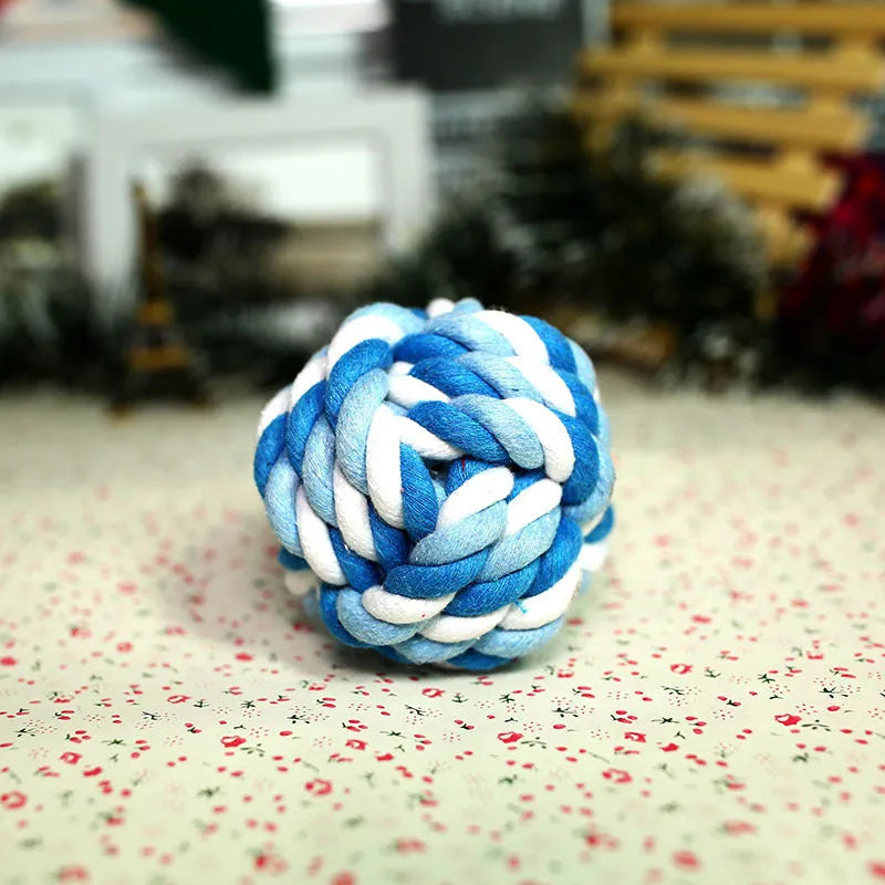 Hand-woven cotton rope ball dog toy, medium 7 cm diameter, blue multicolor pink options