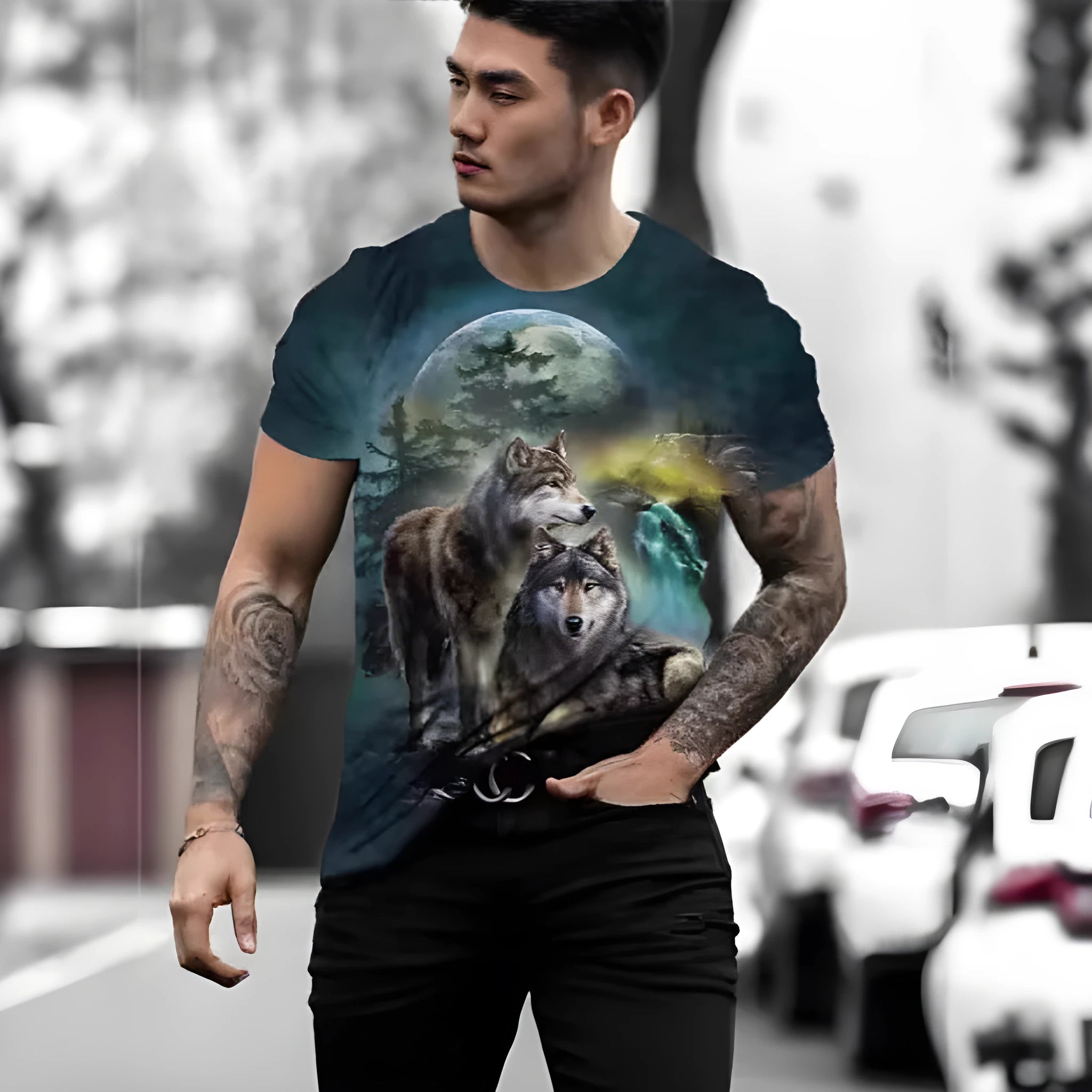 Retro 3D animal graphic printed on a men's short sleeve grey t-shirt.