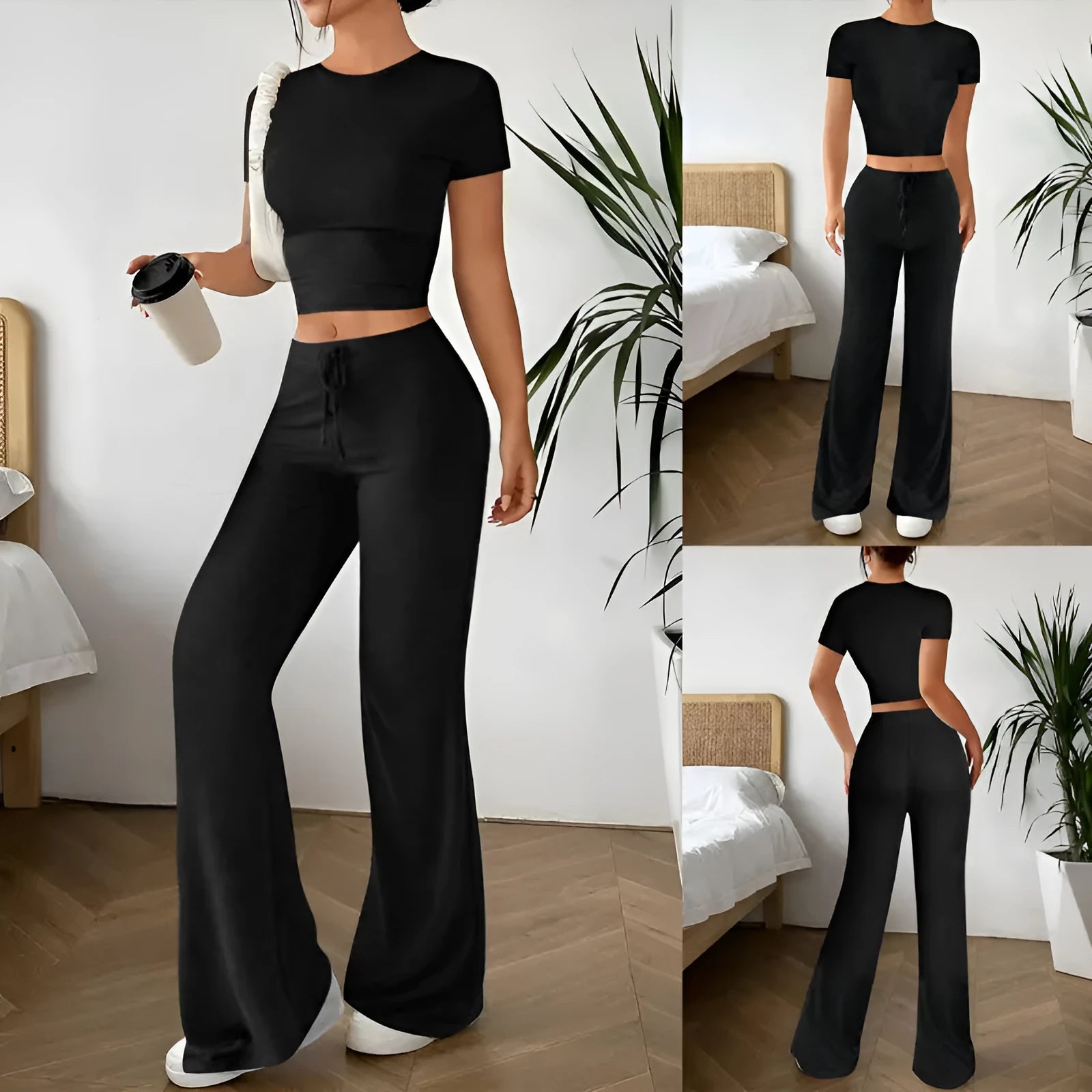 Black high-waist polyester trousers and matching short-sleeve t-shirt laid flat as a two-piece suit set.