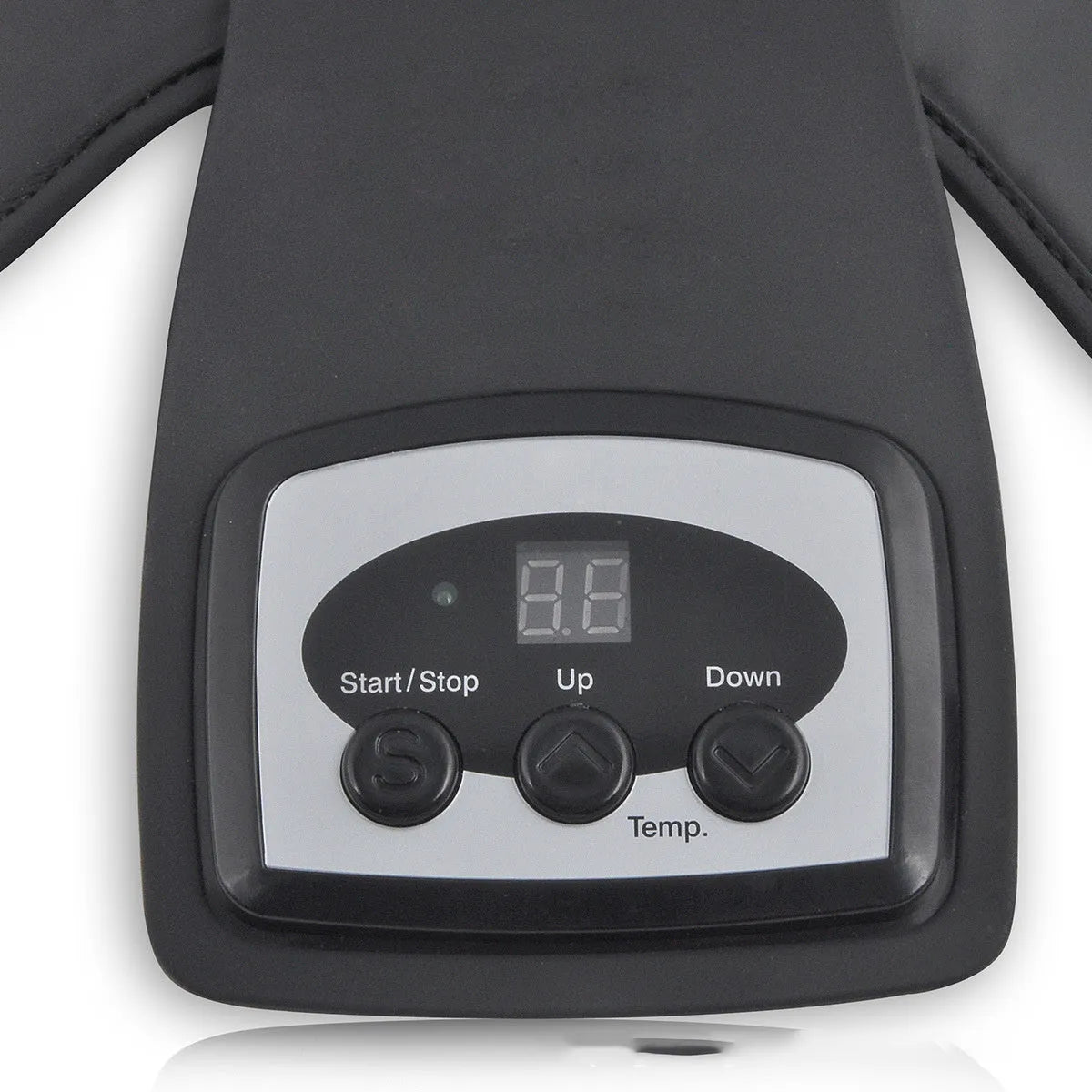 Portable infrared knee massager with adjustable heat control and shoulder pad attachment.