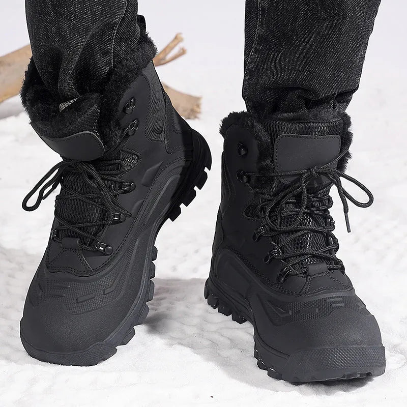 Men's black high-top lace-up boots with a fleece-lined interior and flat heel, shown from the side.