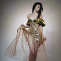 Gold strapless sequined women's formal dress with side split in long skirt