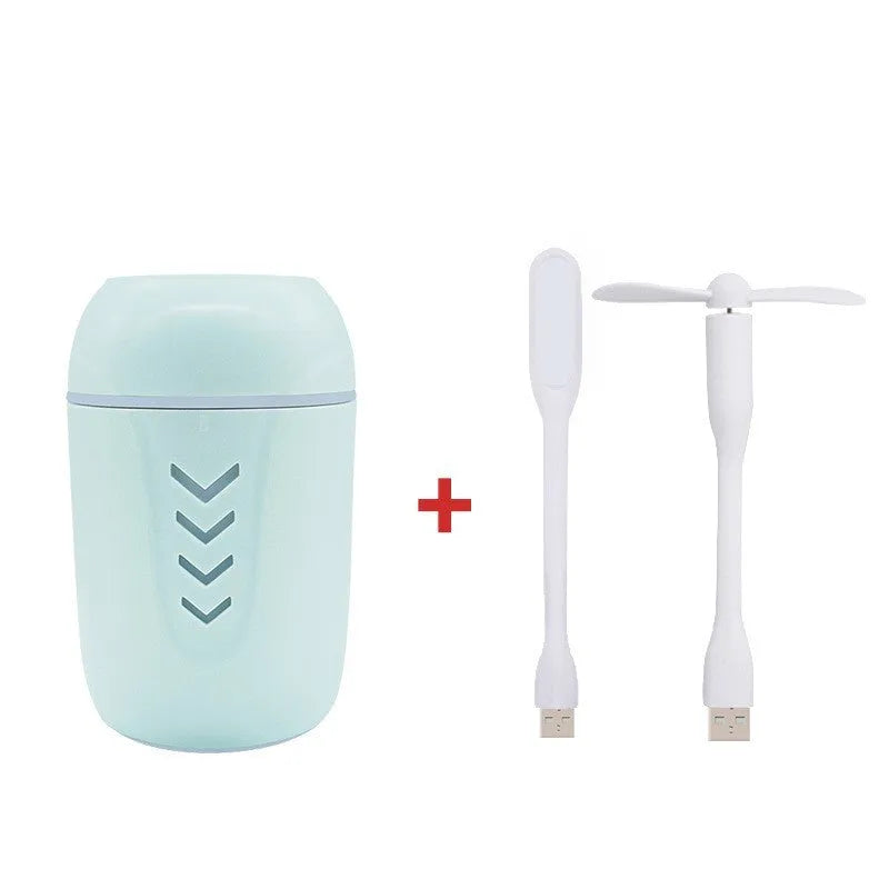X3 portable car humidifier in blue, pink, or white with 200ml tank and USB/AC power