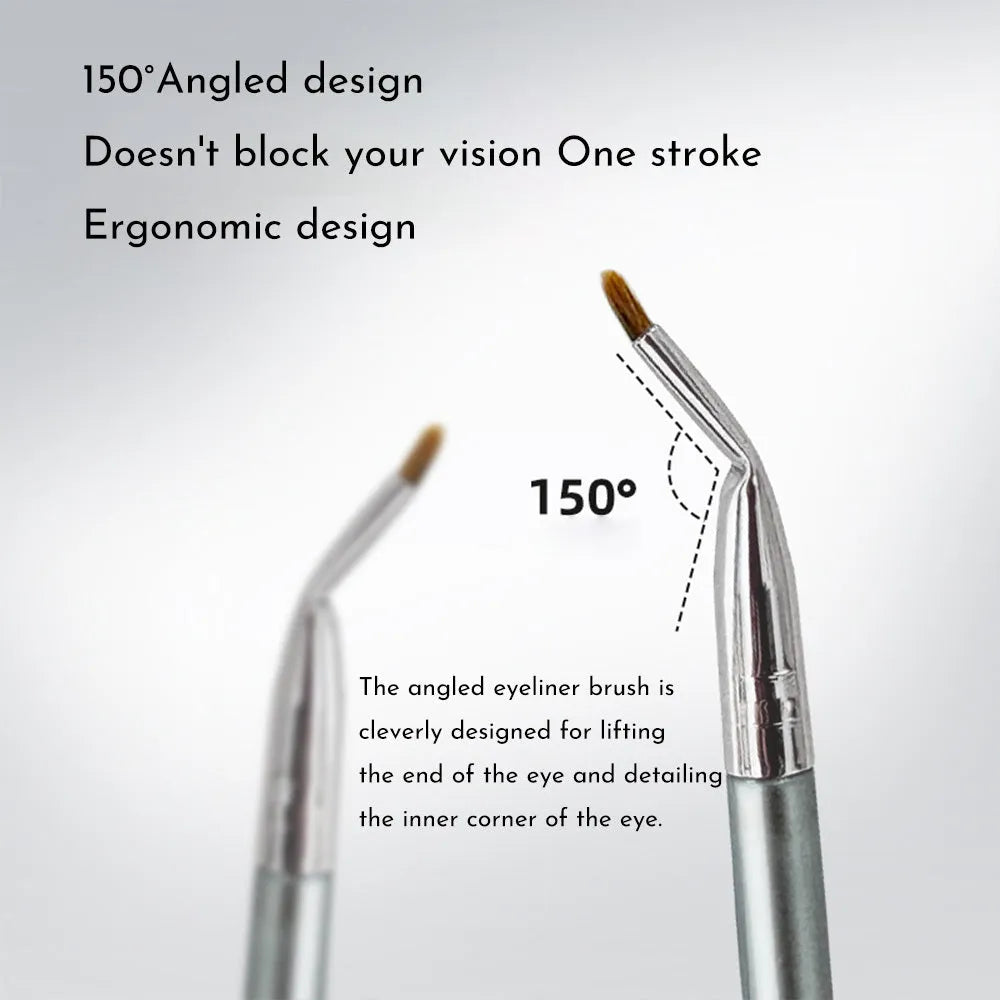 Angled bend head makeup brush with fine tip for eyeliner and under-eye concealer application on a wooden table.