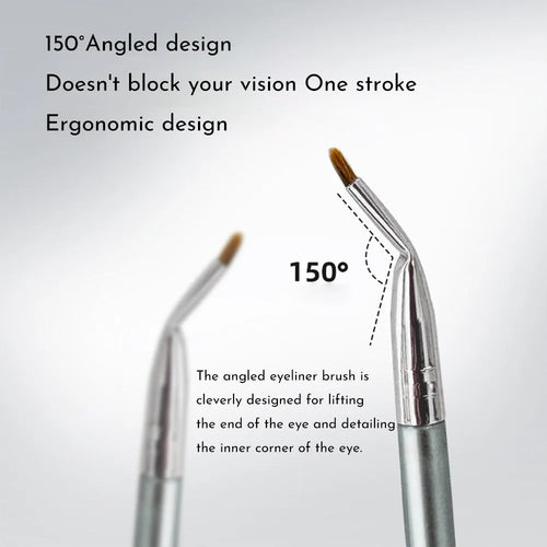 Angled bend head makeup brush with fine tip for eyeliner and under-eye concealer application on a wooden table.