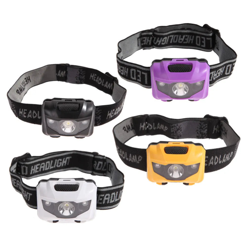 Outdoor head torch with adjustable strap, showing white and red LED lights, in black colour option.