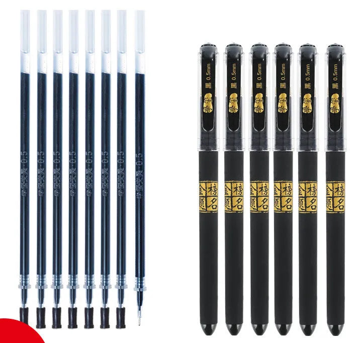 8-piece student gel pen set showing bullet tip and needle tip variants with carbon black quick-drying ink