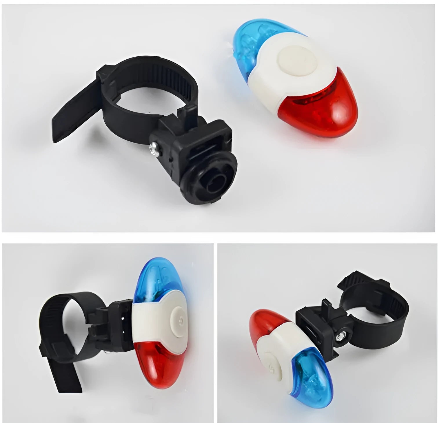 Red and blue LED equipment tail light with adjustable base showing horizontal and vertical placement options