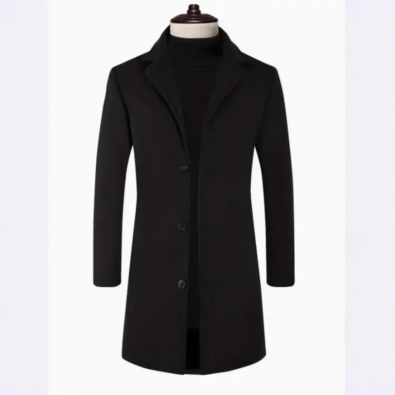Men's loose fit solid colour trench coat in khaki, mid-length polyester outerwear with side seam pockets