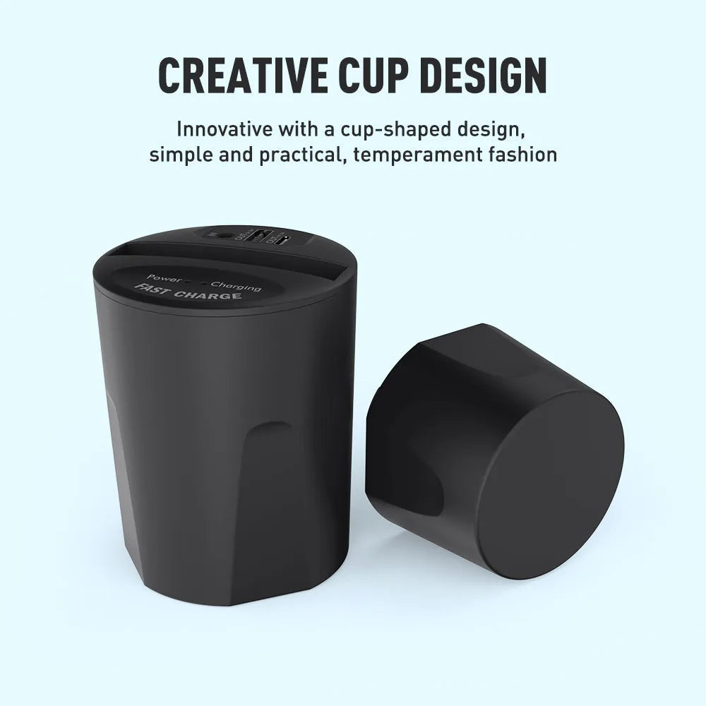Black car wireless charging cup with detachable base stand for QI smartphones.
