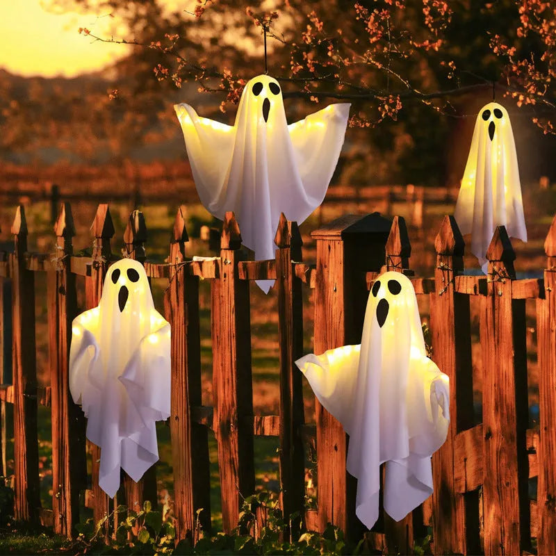 Luminous white ghost Halloween light with cloth construction and button electronics