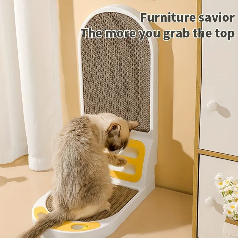 Grey L-shaped vertical cat scratching board made of thick corrugated cardboard on a floor.
