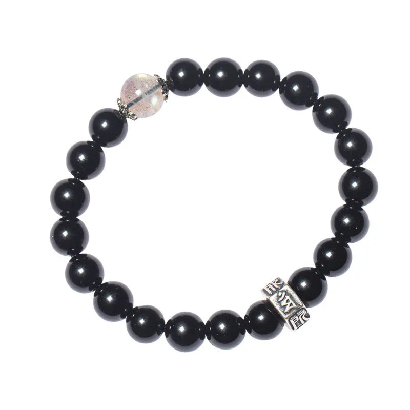 Old pit obsidian 8mm bracelet with zodiac Buddhist bead designs for women.
