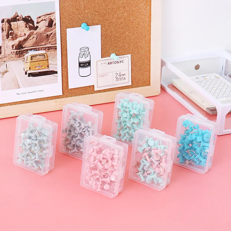 Assortment of Morandi colour push pins including green, grey, and pink tones with different head shapes