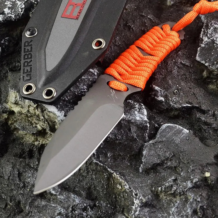 Outdoor straight knife with rope handle and ABS sheath showing 200mm length and sanded steel blade