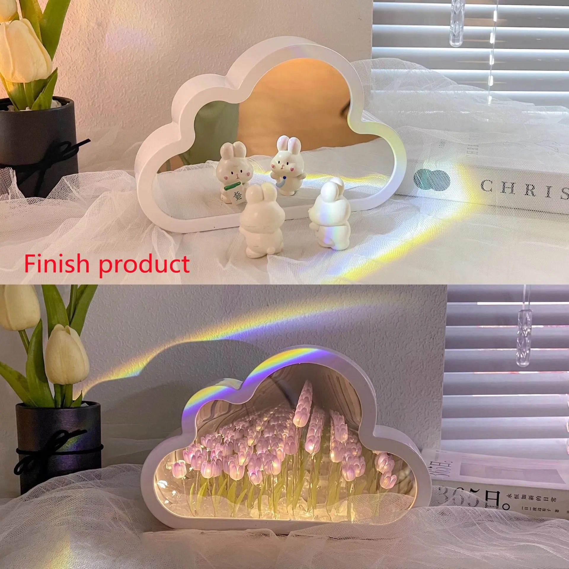 DIY cloud tulip night lamp with decorative mirror and LED light in pink, purple, blue or yellow colours