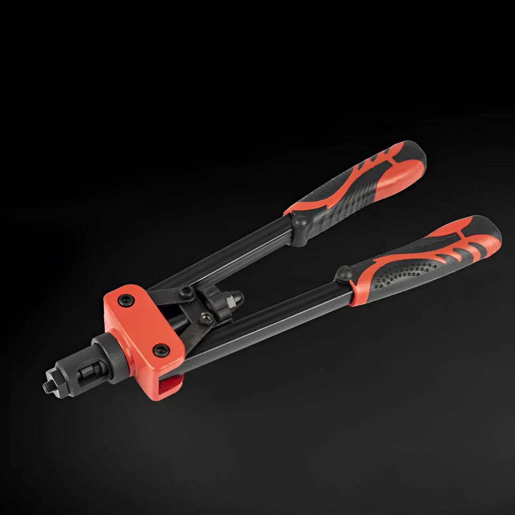 CQ14 14-inch manual rivet nut gun with six interchangeable tips for M3 to M10 threads on a workbench.