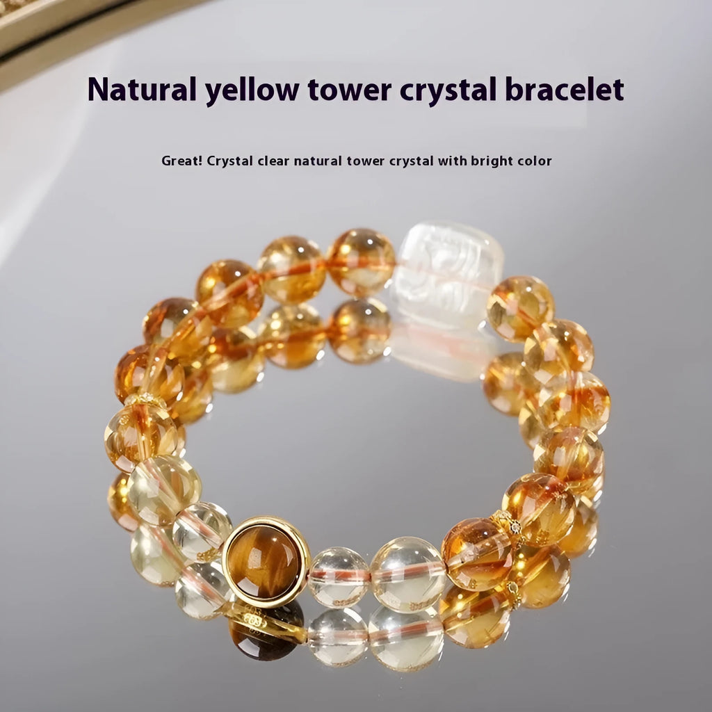 Women's carved citrine ethnic bracelet with 10mm geometric crystal stones in gold-toned setting