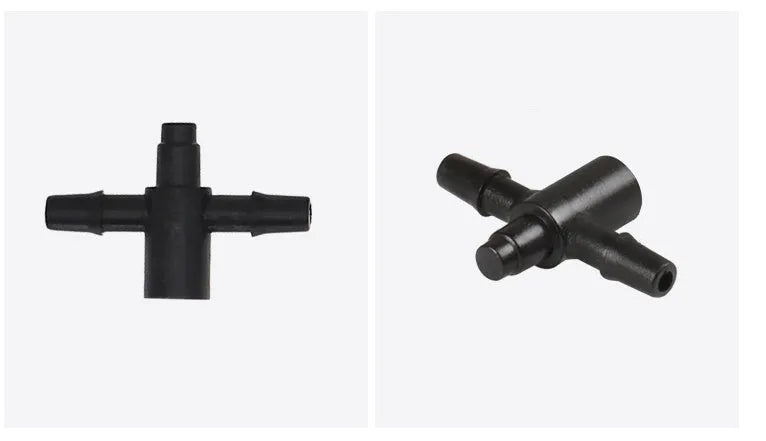 PE plastic tee joint connector for garden irrigation water distribution systems.