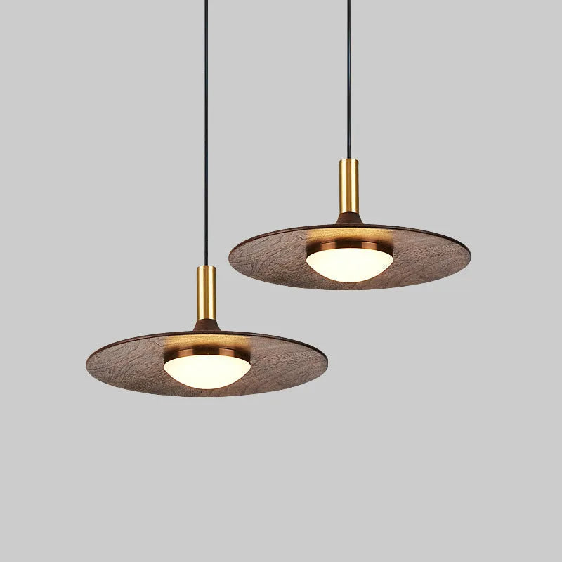 Walnut wood and copper bar chandelier in fish line shape, new Chinese style, showing push button switch.