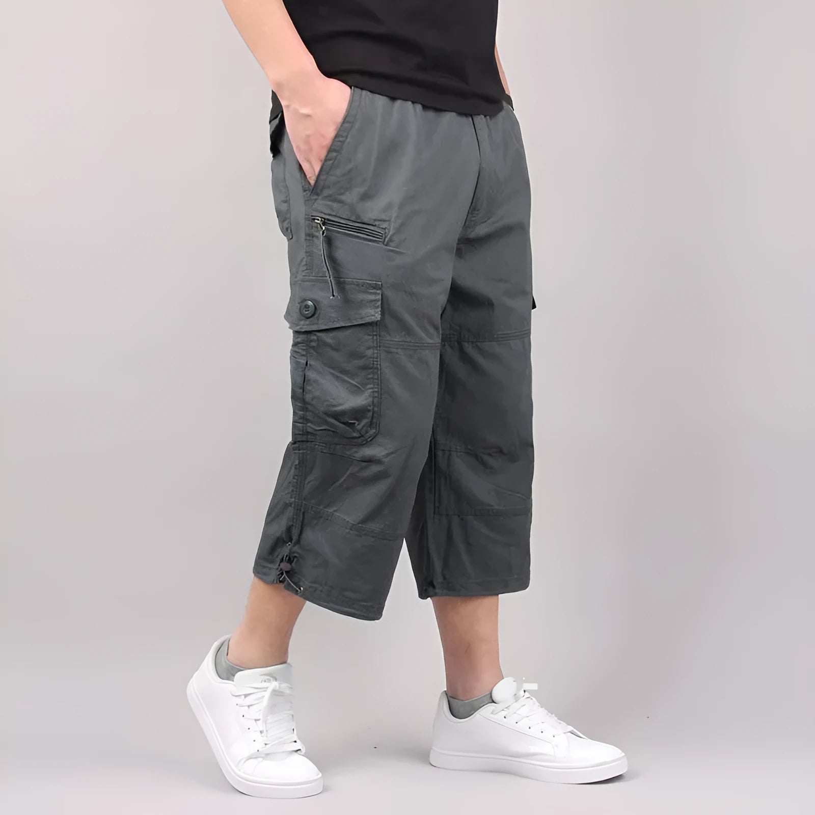 Men's cotton cropped casual pants in khaki colour with loose fit for sports activities