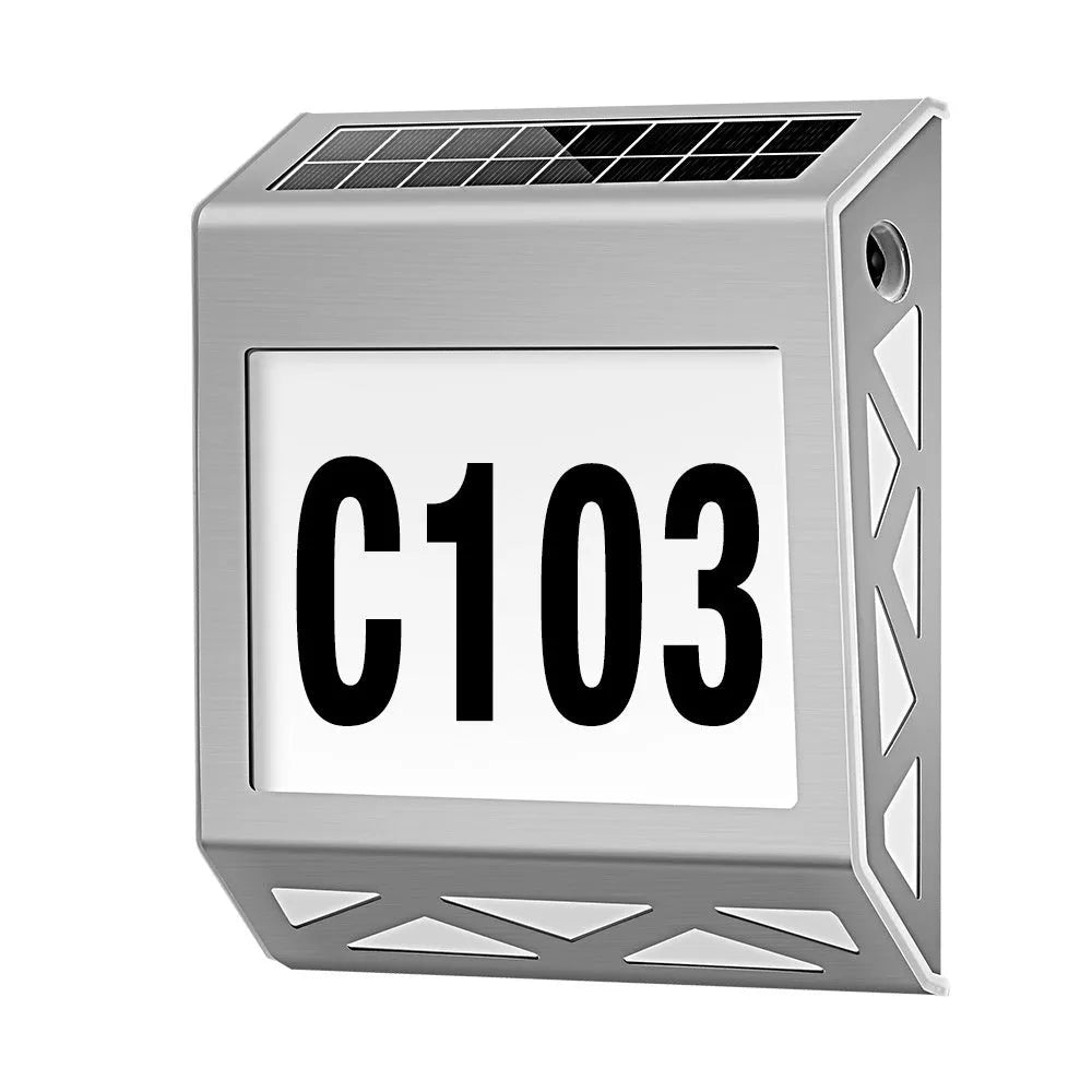 Solar powered waterproof doorplate light with LED address digits in black housing