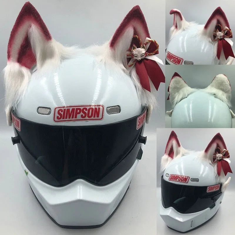 Set of detachable animal ears and tail ornament for motorcycle helmet, shown in black and white wolf design.