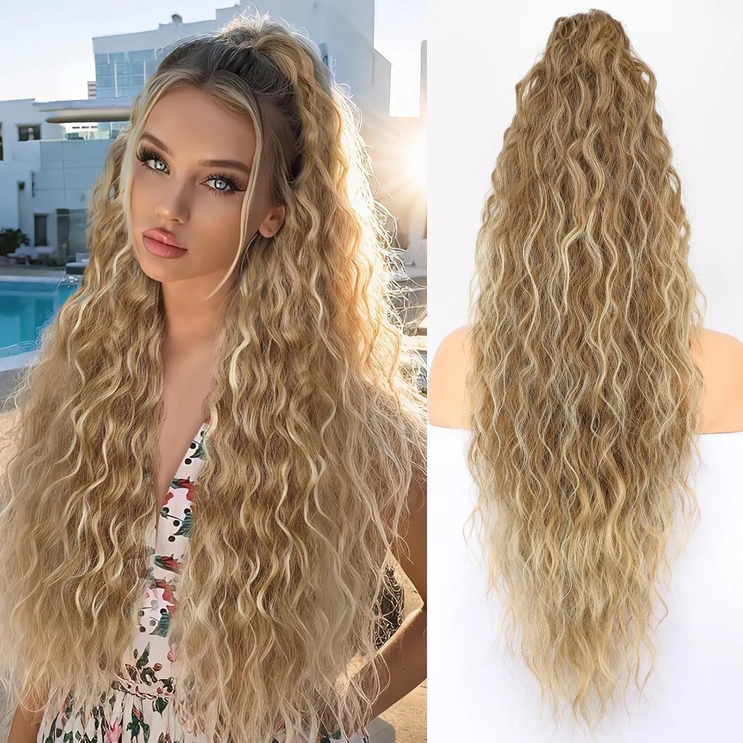 Long 30-inch curly ponytail wig in high temperature fibre for costume and cosplay.