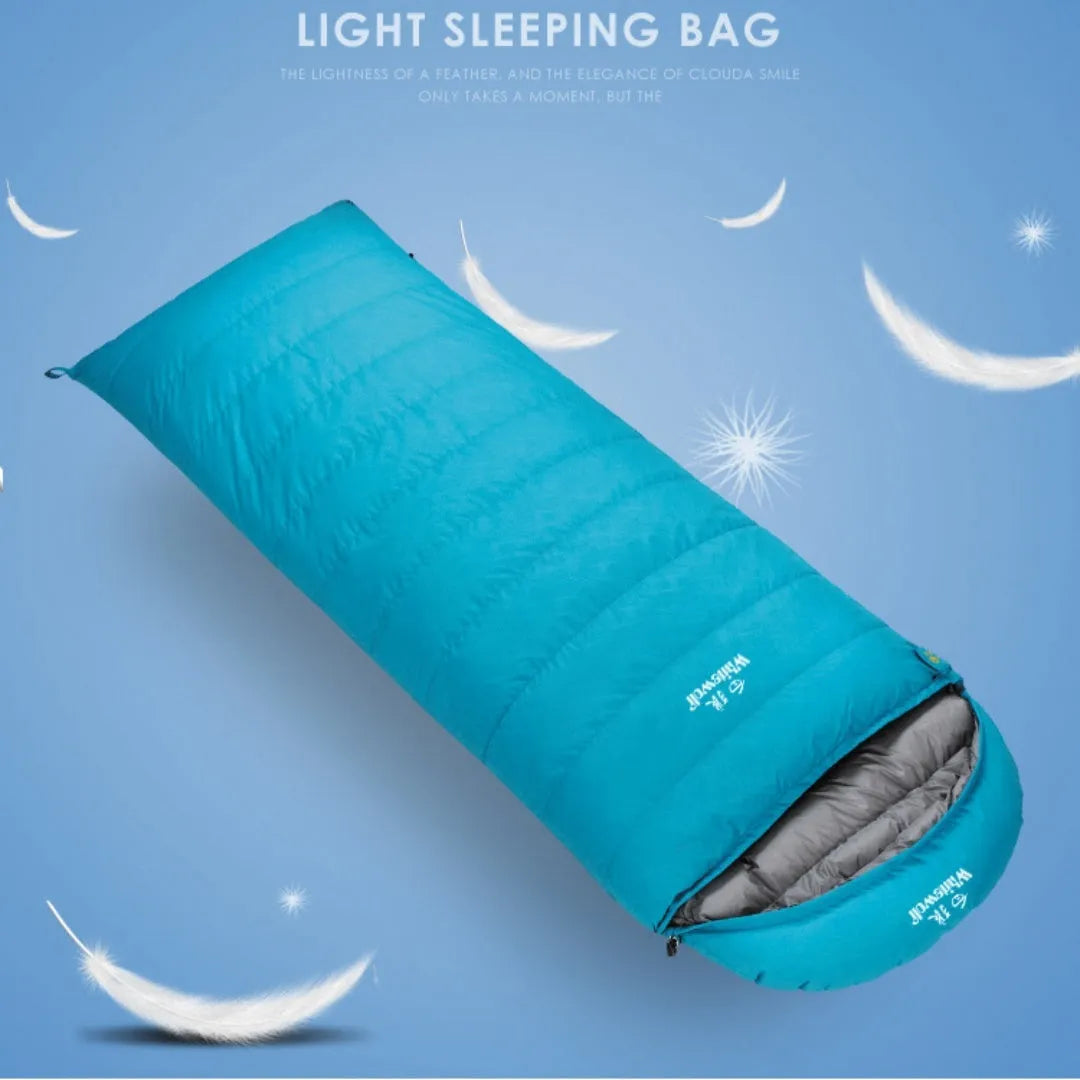 Black outdoor sleeping bag with white goose down fill and durable nylon shell.